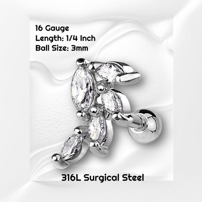 A surgical steel leaves earring with cubic zirconia leaves pictured against a white wavy background with black text stating the size available of this cartilage earring.