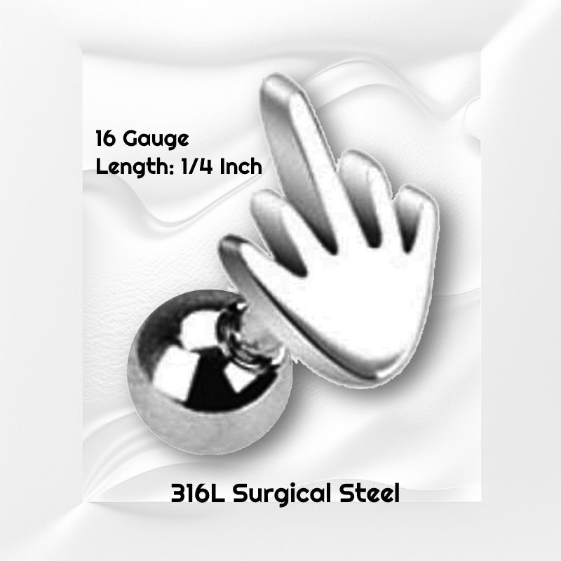 A surgical steel middle finger earring pictured on a white wavy background with black text stating the sizes of this earring.