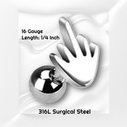 A surgical steel middle finger earring pictured on a white wavy background with black text stating the sizes of this earring.