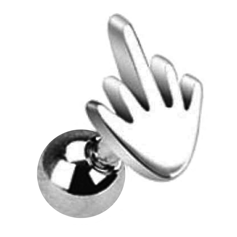 A surgical steel middle finger earring with a ball on the externally threaded end pictured against a white background. 