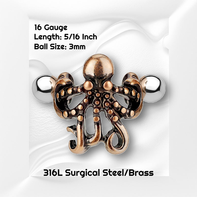 A surgical steel octopus earring cuff pictured against white wavy background with black text stating the size available of this helix cuff.