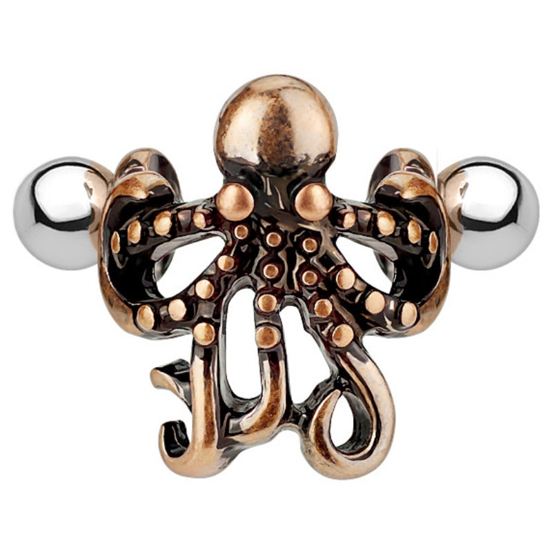 A surgical steel octopus earring cuff pictured against a white background.