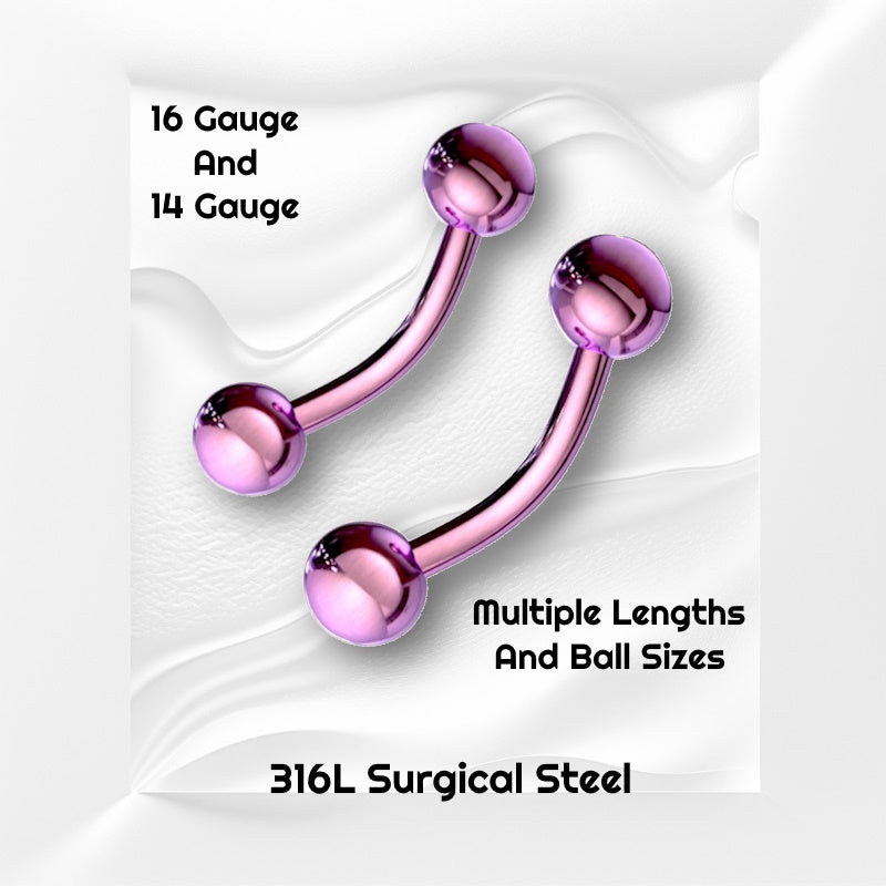 Two sizes of a surgical steel purple curved barbell earring pictured against a white wavy background with black text stating the sizes of this earring.