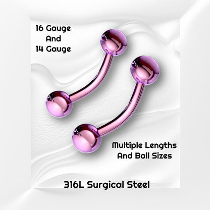 Two sizes of a surgical steel purple curved barbell earring pictured against a white wavy background with black text stating the sizes of this earring.