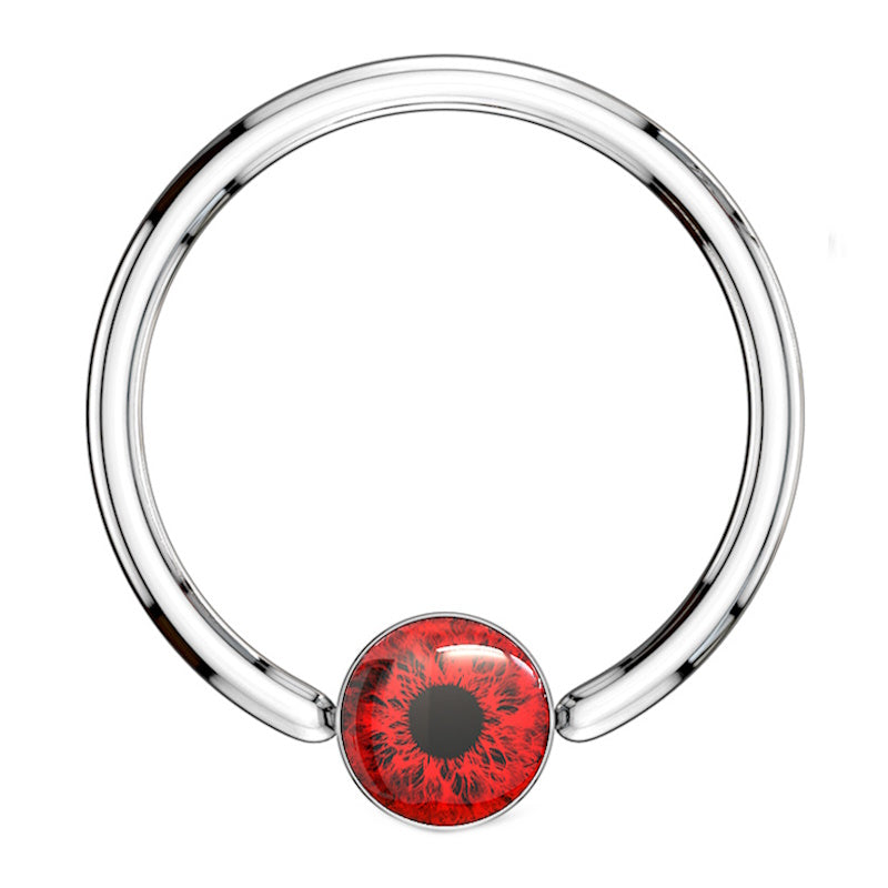 A surgical steel red eyeball earring featuring a captive red eyeball bead pictured against a white background.