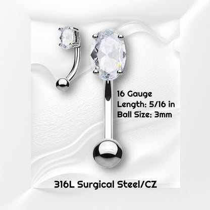 A surgical steel rook piercing earring pictured on a white wavy background with black text stating the sizes of this earring.