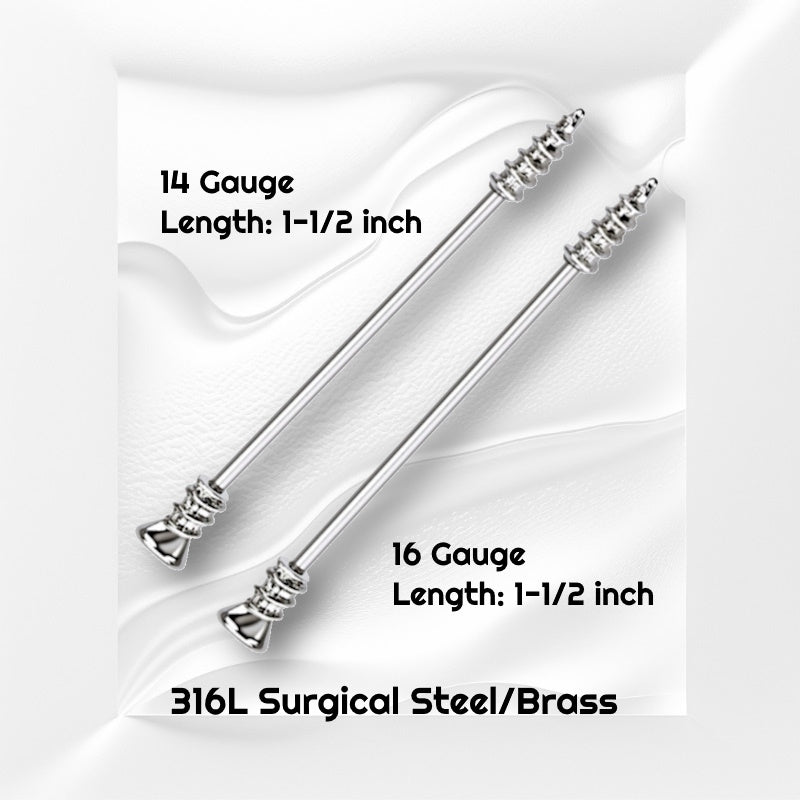 A surgical steel screw industrial piercing bar pictured on a white wavy background with black text stating the sizes available of this industrial barbell.