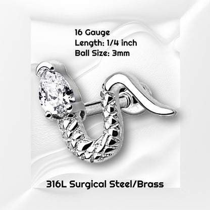 A surgical steel snake earring pictured on a white wavy background with black text stating the size available of this cartilage earring.