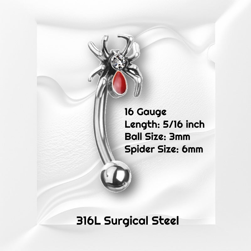 A surgical steel spider earring pictured against a white wavy background with black text stating the size of this earring.