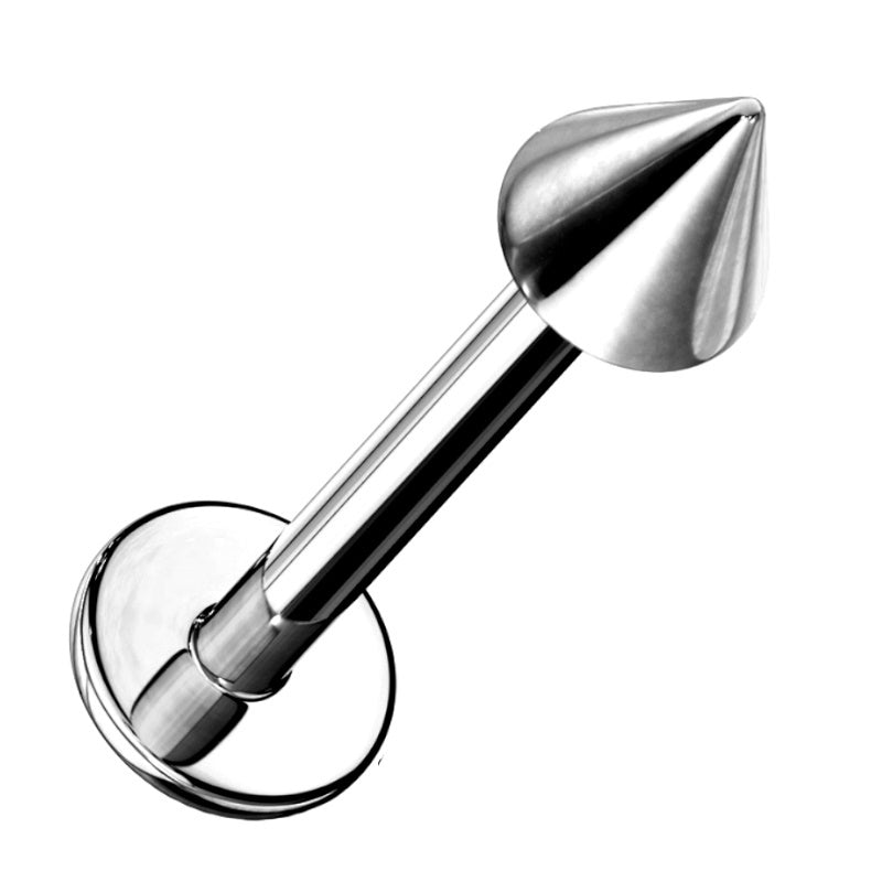 A surgical steel spike labret earring pictured against a white background.