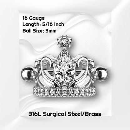 A surgical steel tiara earring cuff pictured against white wavy background with black text stating the size available of this helix cuff.