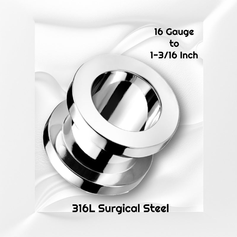 One gauge of a pair of surgical steel tunnel earrings pictured on a white wavy background with black text stating the sizes available of this tunnel earring.