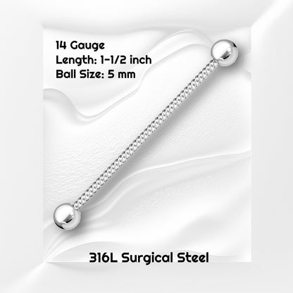 A surgical steel twisted rope industrial bar pictured against a white wavy background with black text stating the size of this earring.