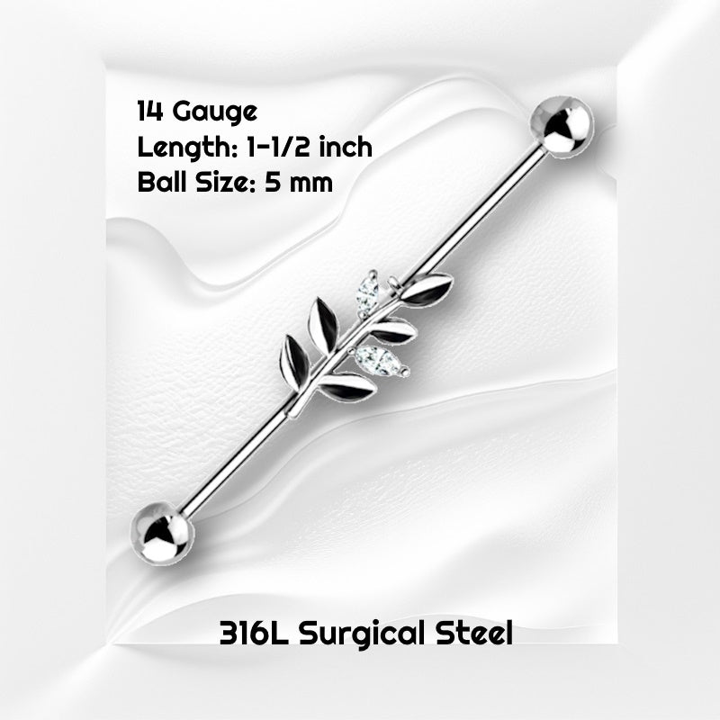 A surgical steel vine industrial earring pictured on a white wavy background with black text stating the size available of this industrial bar.