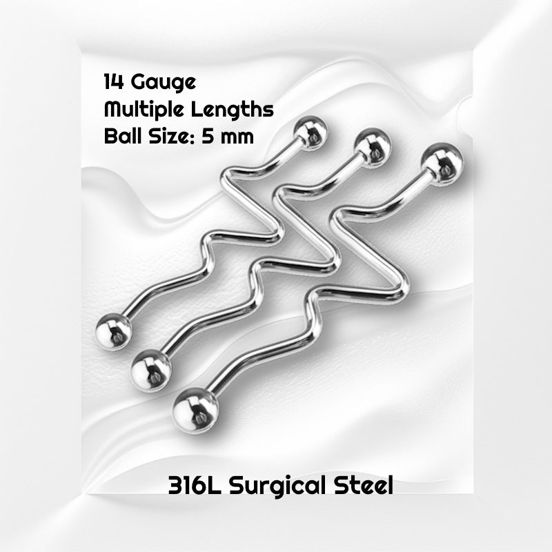 A surgical steel zig zag industrial bar pictured on a white wavy background with black text stating the size available of this industrial barbell.