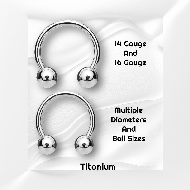 Two sizes of an implant-grade titanium circular barbell earring pictured on a white wavy background with black text stating the sizes of this earring.