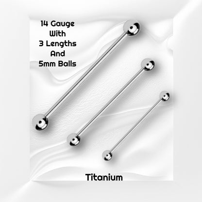 Three sizes of a titanium industrial bar earring pictured on a white wavy background with black text stating the sizes of this earring.