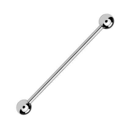 A titanium industrial bar earring with externally threaded ends pictured against a white background.