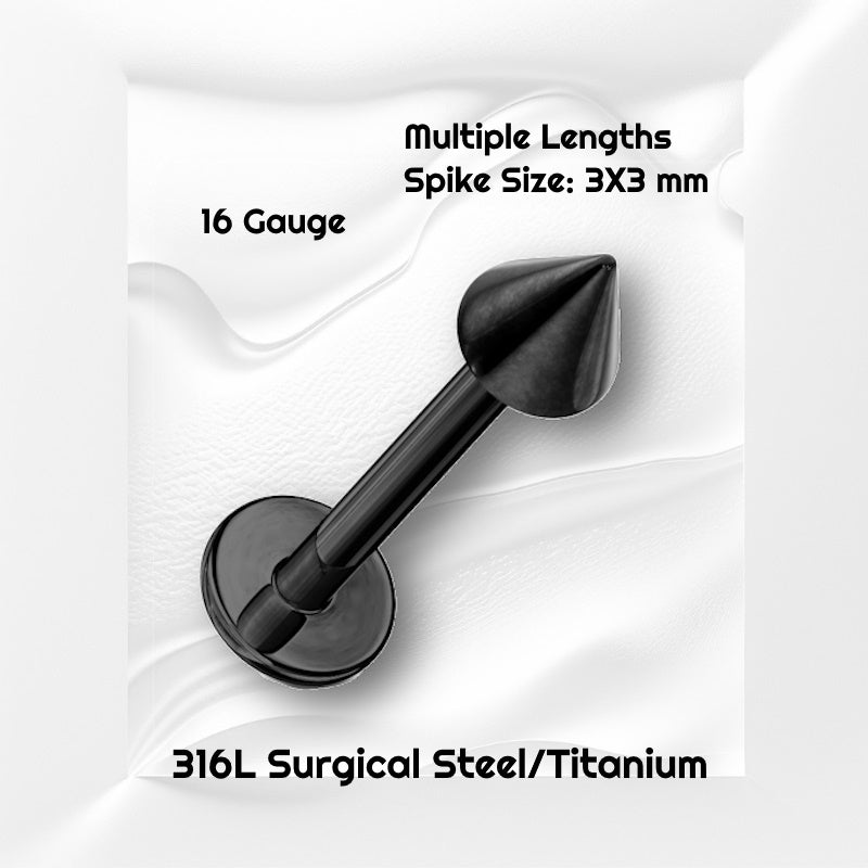 A titanium plated black spike labret pictured against a white wavy background with black text stating the size available of this labret earring.