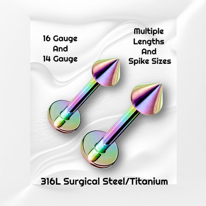 Two sizes of a titanium plated rainbow spike labret pictured against a white wavy background with black text stating the sizes available of this labret earring.