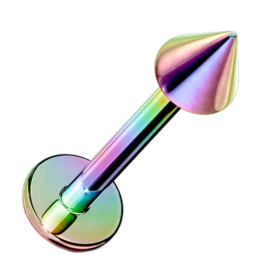 A titanium plated rainbow spike labret pictured against a white background.