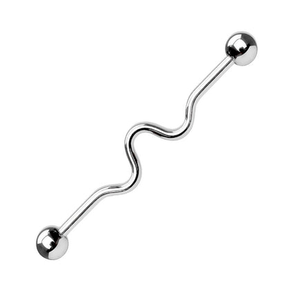 A wavy industrial piercing earring pictured against a white background.