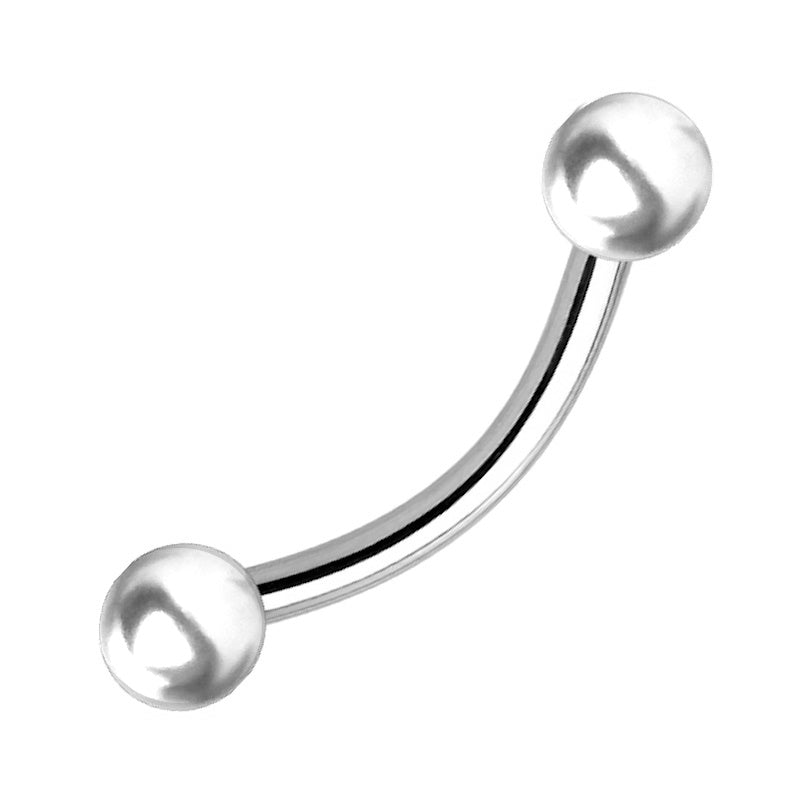 A white balls curved barbell earring pictured against a white background.