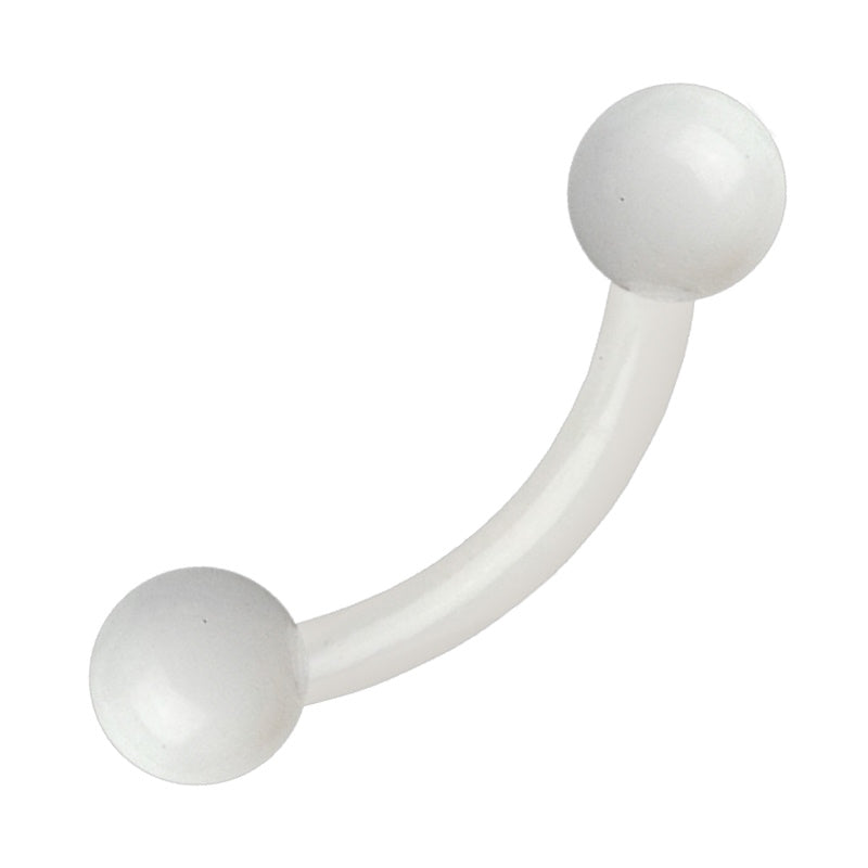 A white curved barbell earring featuring an externally threaded curved bar with a ball on each end pictured against a white background.