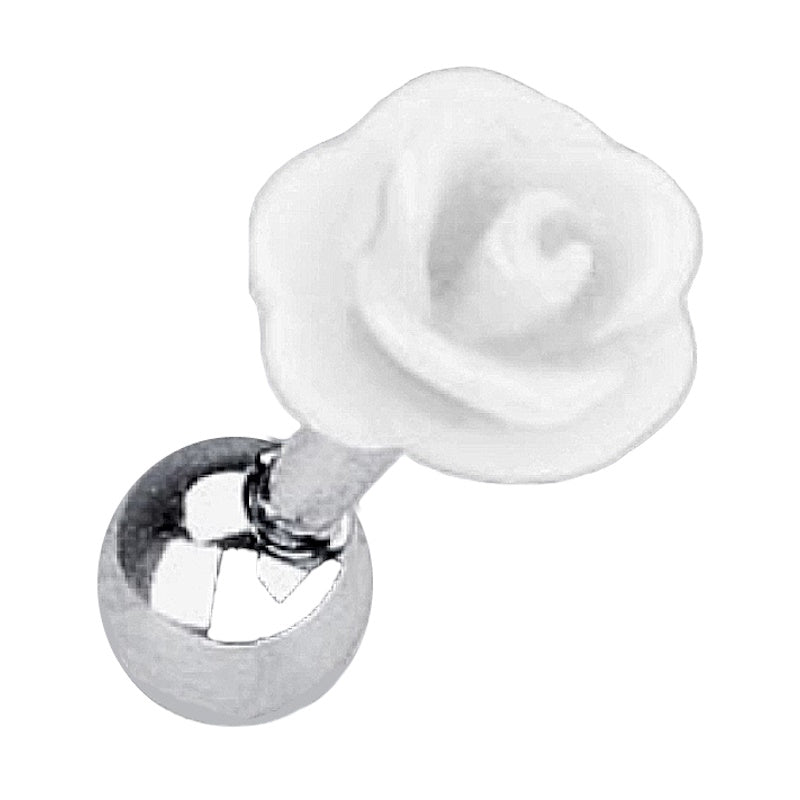 A white rose cartilage earring pictured diagonally against a white background.